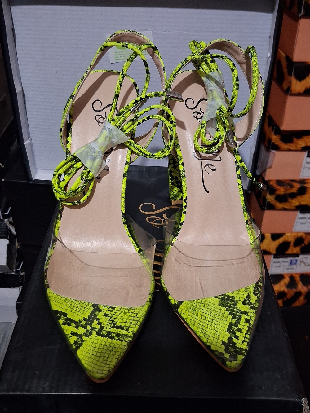 So Me Neon Green Snake-Print Ankle Tie Pumps